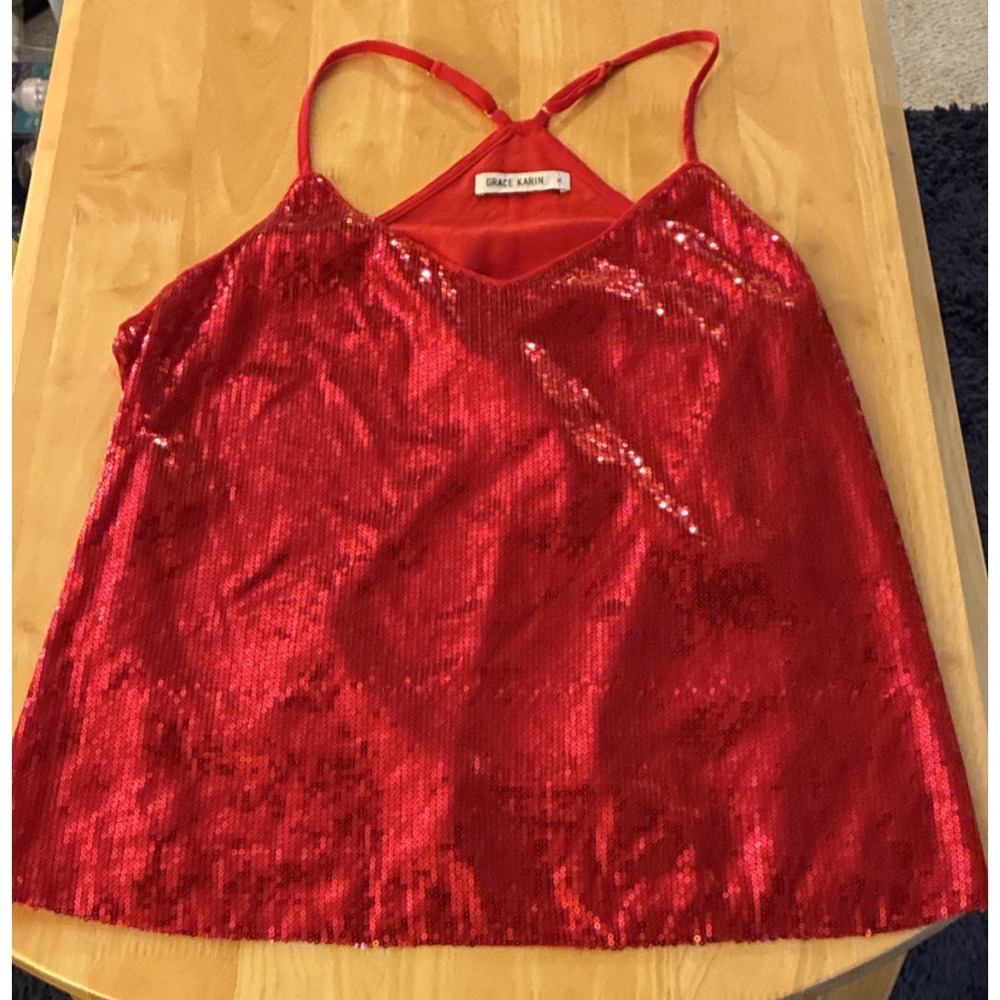 Grace Karin Red Sequin Sleeveless Tank Top XL V-Neck Adjustable Straps Sexy